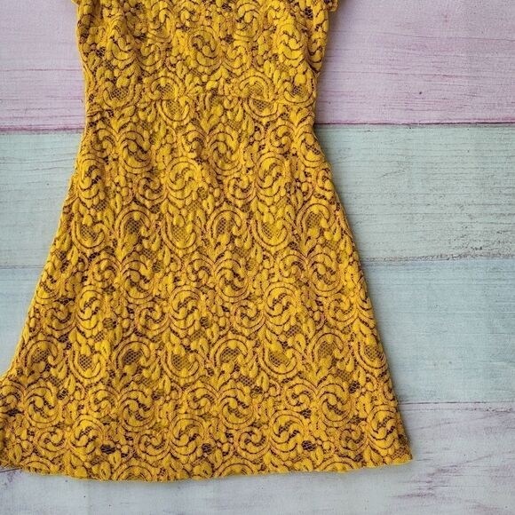 Zara Basic‎ Mustard Yellow Short Sleeve Lace Overlay A-Line Mini Dress Small - Picture 3 of 5